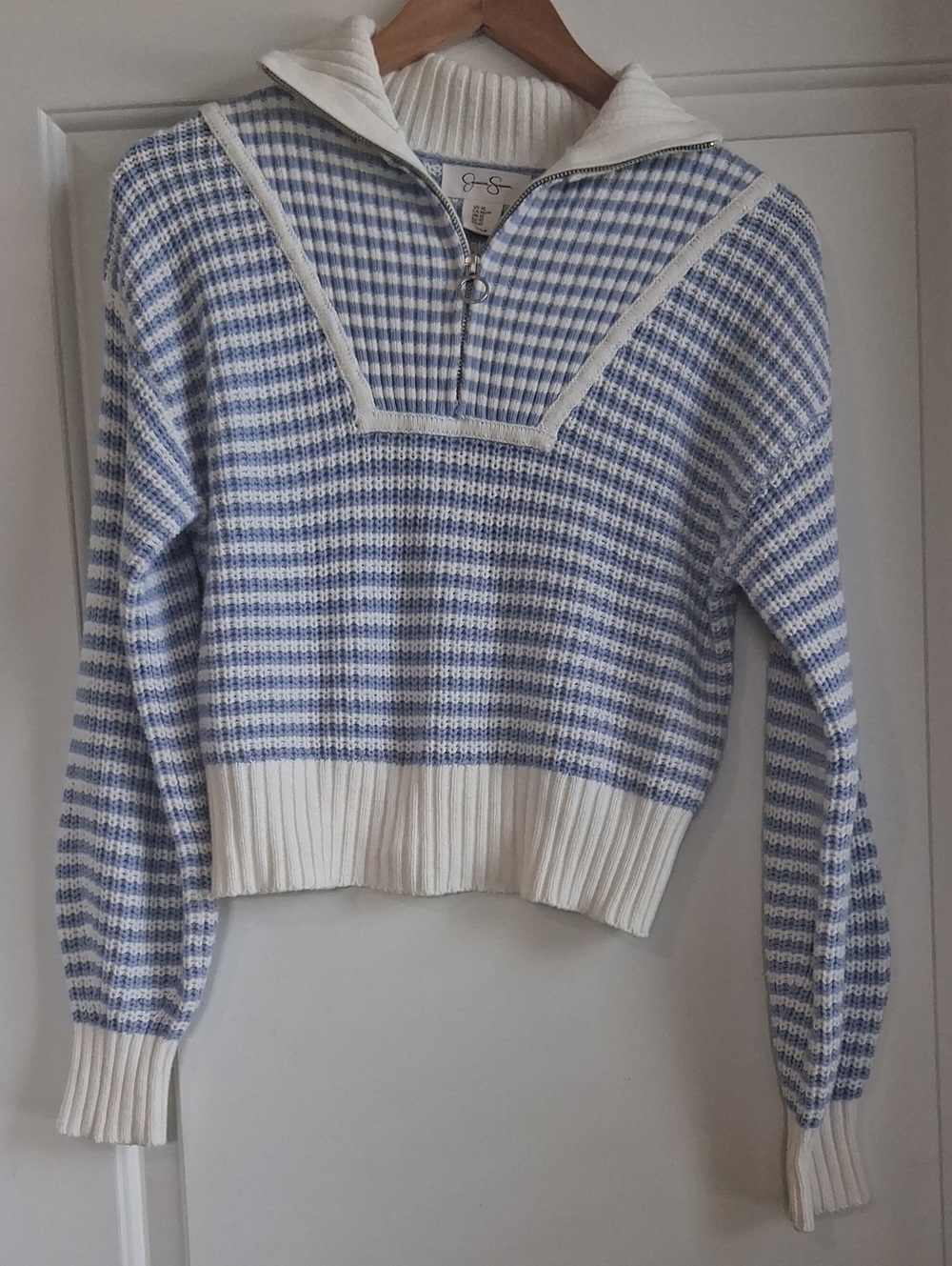Sailor-Collar Knit Sweater in Light Blue and White - Women